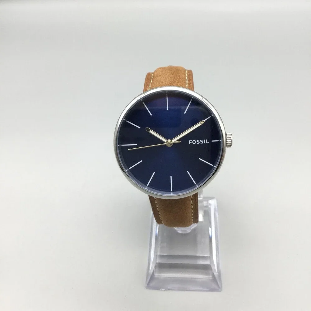 Fossil BQ2435 Mens Watch 42mm Blue Dial Brown Leather Minimalist New Battery